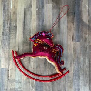 Vintage Red Chinese Silk Embroidered Rocking Horse Hanging Ornament New Year